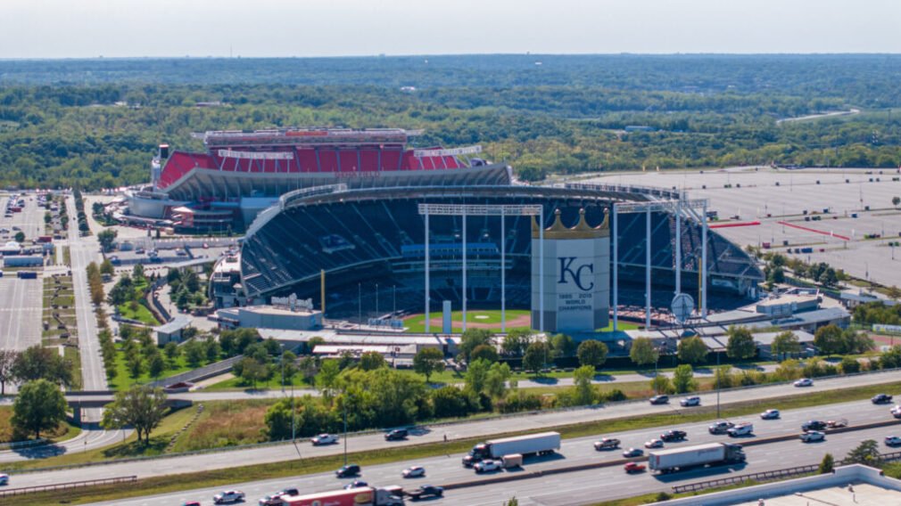 Aerial view of Kauffman and Arrowhead Stadiums in Kansas City